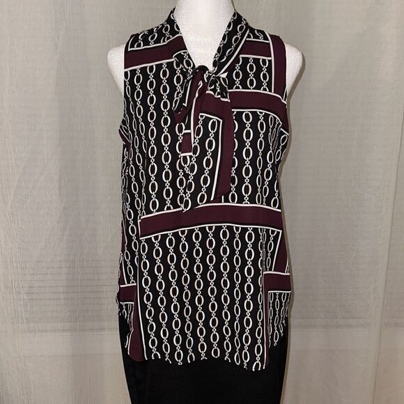 Ann Taylor SP Burgundy Black Ivory White Chainlink Sleeveless Shell Tie Blouse - Picture 5 of 13